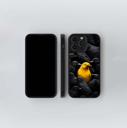 Yellow Bird Surrounded by Black Crows Glass Case