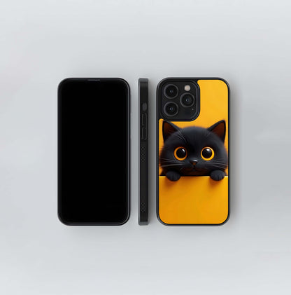 Big-Eyed Fluffy Black Kitten on Yellow Glass Case