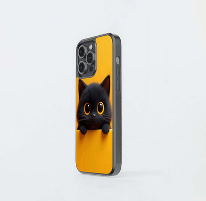 Big-Eyed Fluffy Black Kitten on Yellow Glass Case