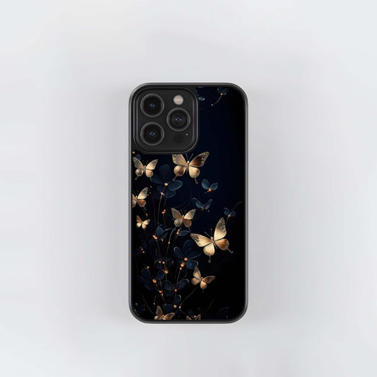 Golden Glitter Butterflies on Dark Background Glass Case