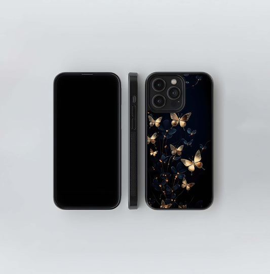Golden Glitter Butterflies on Dark Background Glass Case