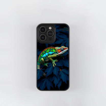 Colorful chameleon on dark leaves Glass Case