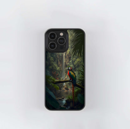 Macaw in Misty Jungle Falls Glass Case