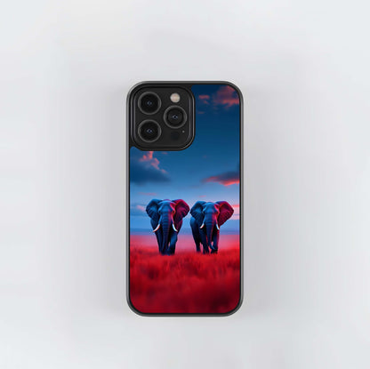 Majestic Elephants in Red Landscape Glass Case