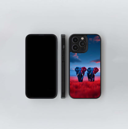 Majestic Elephants in Red Landscape Glass Case