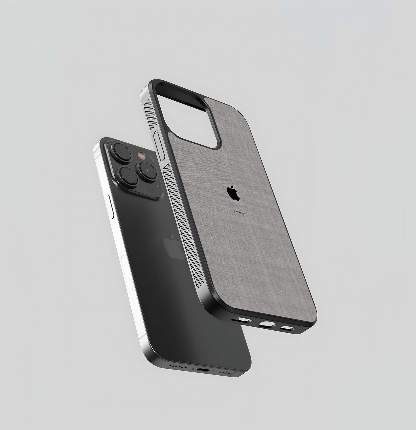 Minimalist Apple Logo on Gray Linen Texture Glass Case