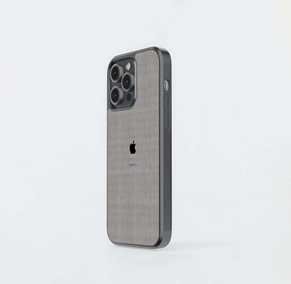 Minimalist Apple Logo on Gray Linen Texture Glass Case