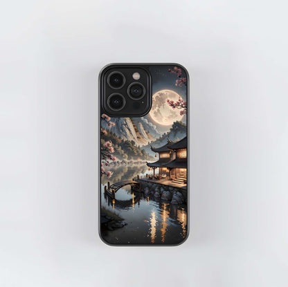 Moonlit Asian Temple and Cherry Blossoms Glass Case