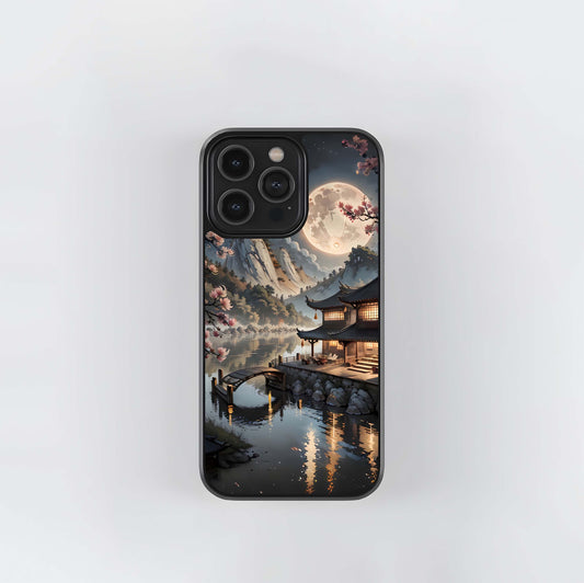 Moonlit Asian Temple and Cherry Blossoms Glass Case