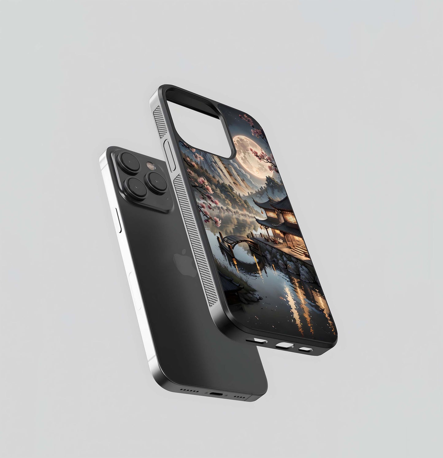 Moonlit Asian Temple and Cherry Blossoms Glass Case