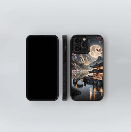 Moonlit Asian Temple and Cherry Blossoms Glass Case