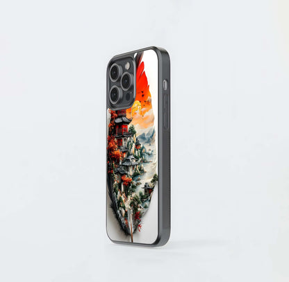 Asian Pagoda Landscape on a Feather Glass Case