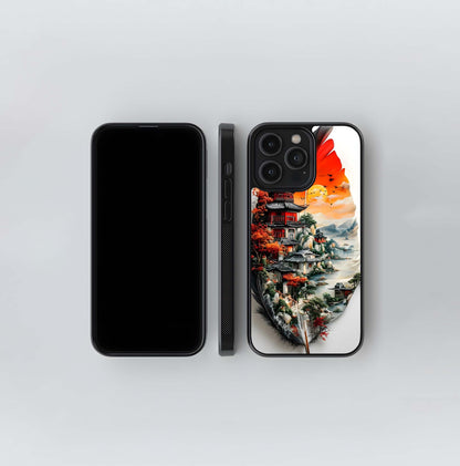 Asian Pagoda Landscape on a Feather Glass Case
