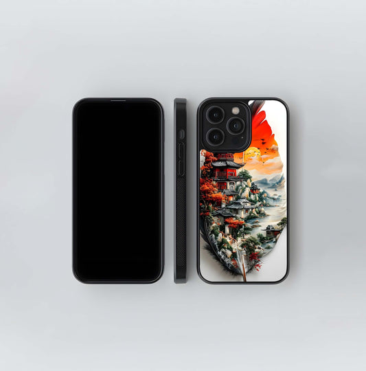 Asian Pagoda Landscape on a Feather Glass Case