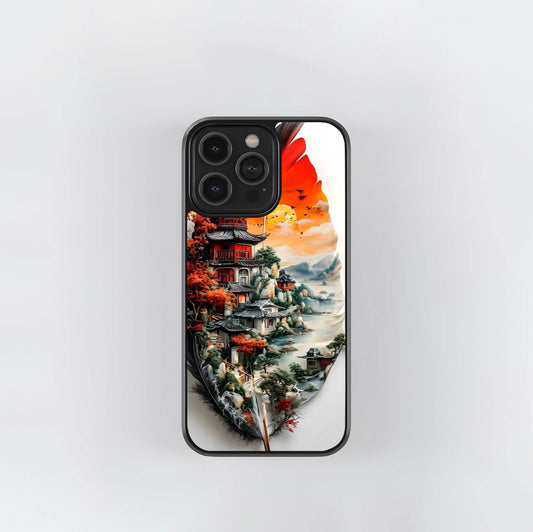 Asian Pagoda Landscape on a Feather Glass Case