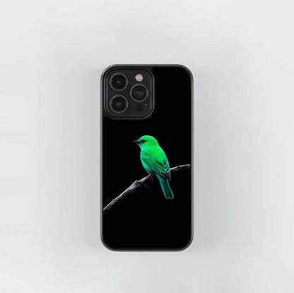 Neon Green Bird on Black Background Glass Case