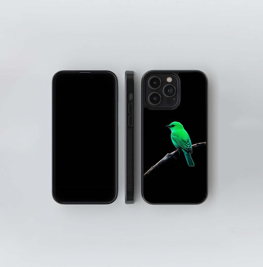 Neon Green Bird on Black Background Glass Case