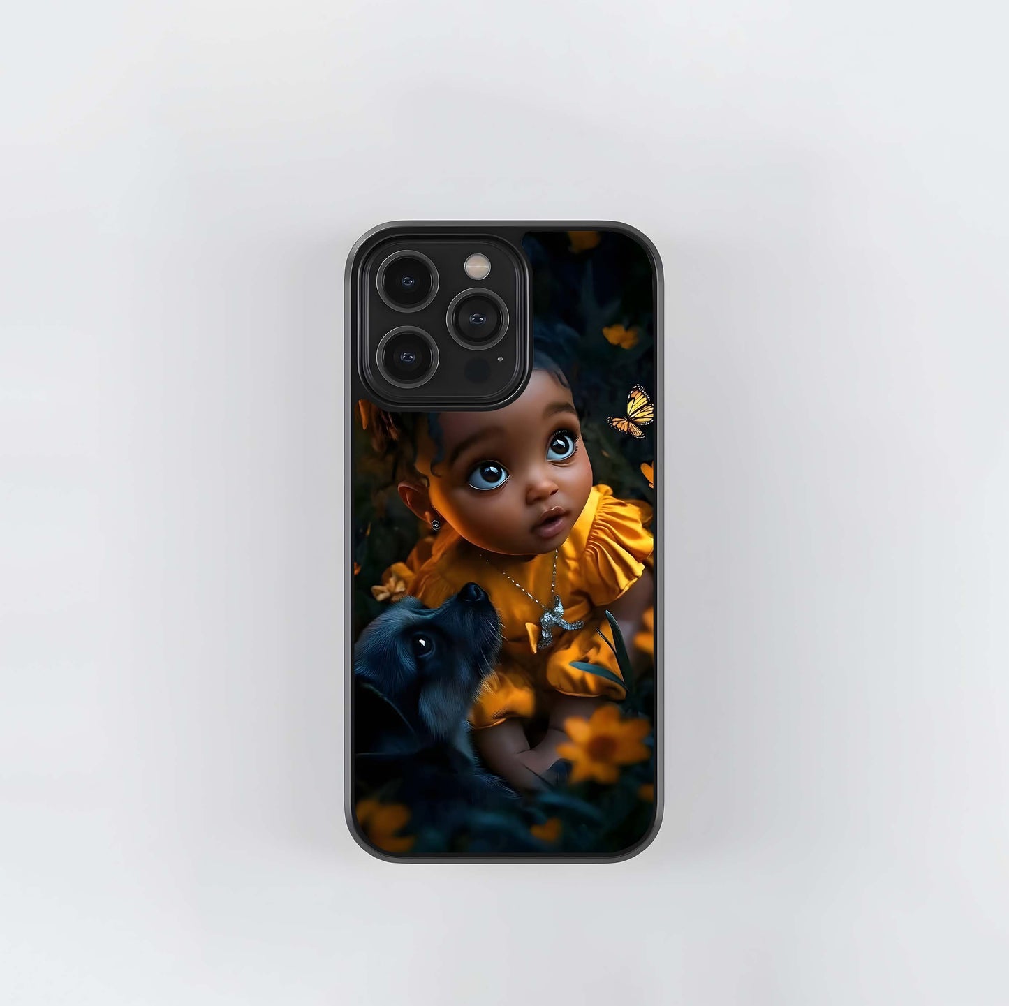 Chibi Girl with Puppy and Butterfly Glass Case