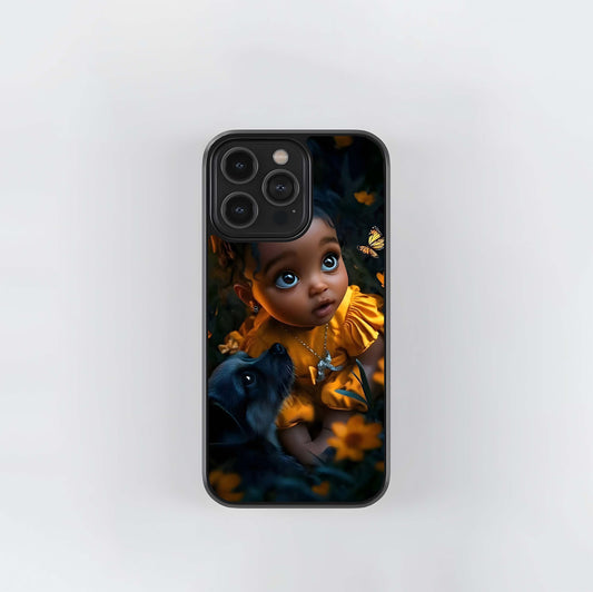 Chibi Girl with Puppy and Butterfly Glass Case