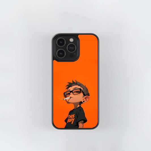 Orange Background Smoking Cartoon Boy Glass Case