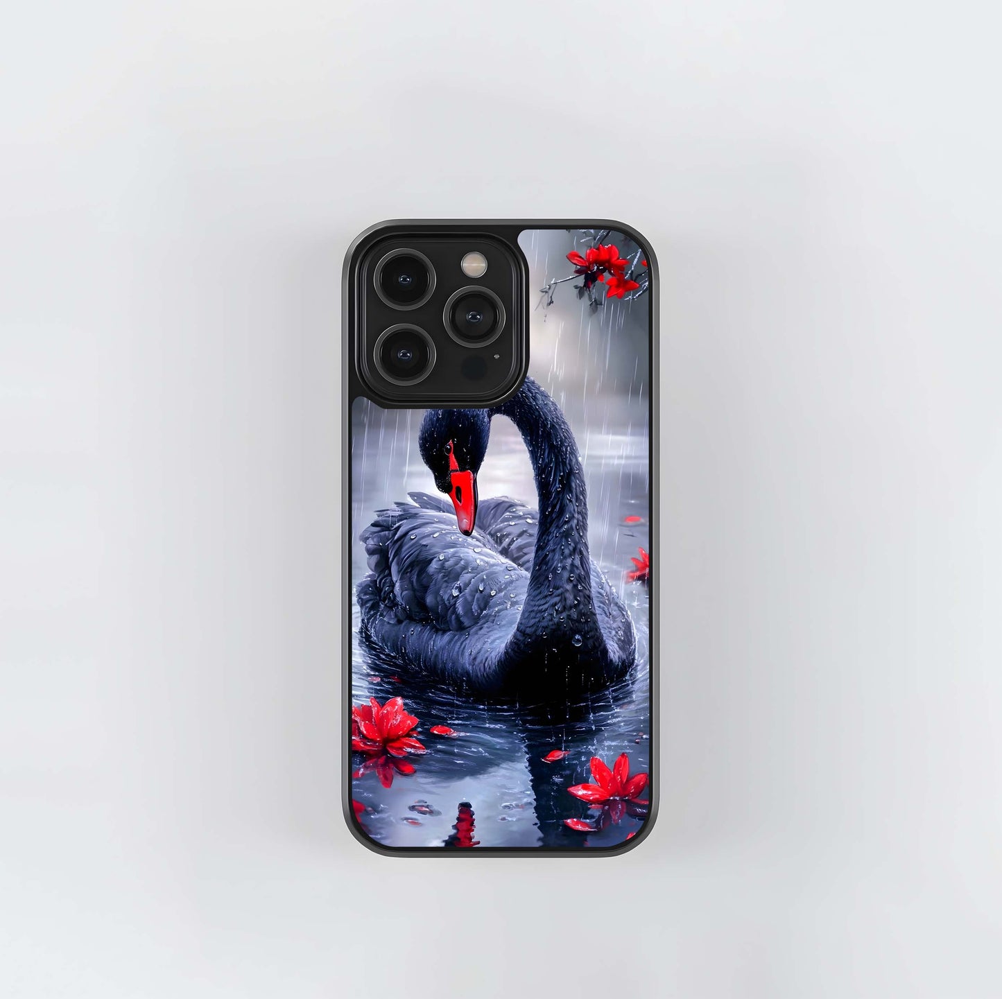 Black Swan in the Crimson Rain Glass Case