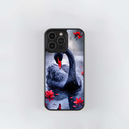Black Swan in the Crimson Rain Glass Case