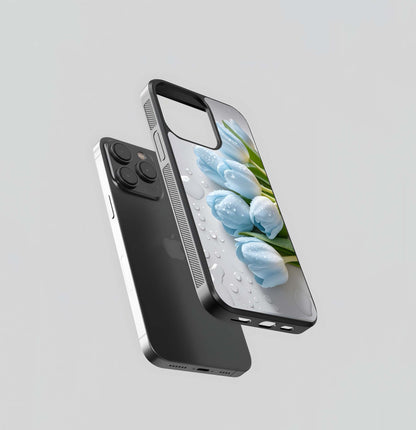 Pastel Blue Tulips with Raindrops Glass Case