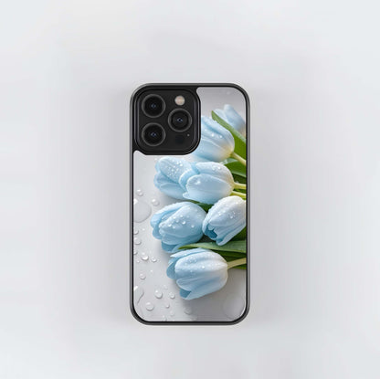 Pastel Blue Tulips with Raindrops Glass Case