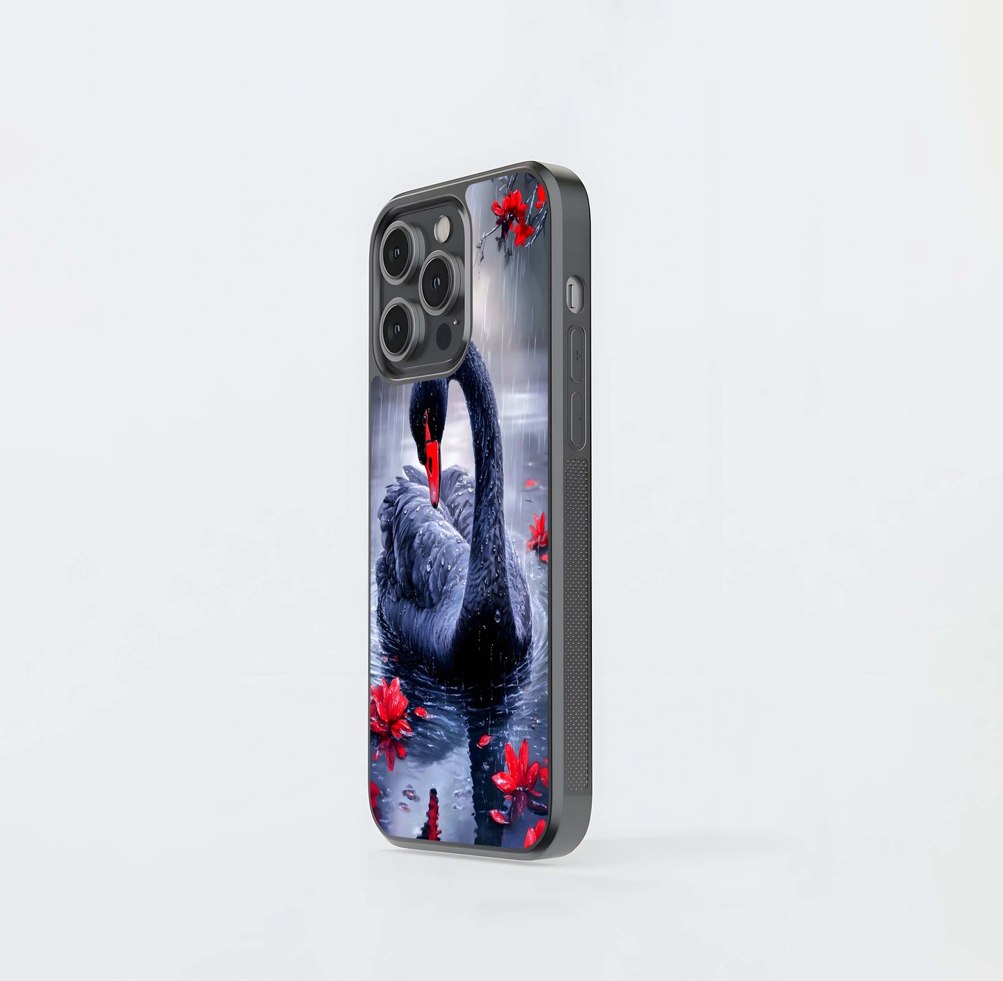 Black Swan in the Crimson Rain Glass Case