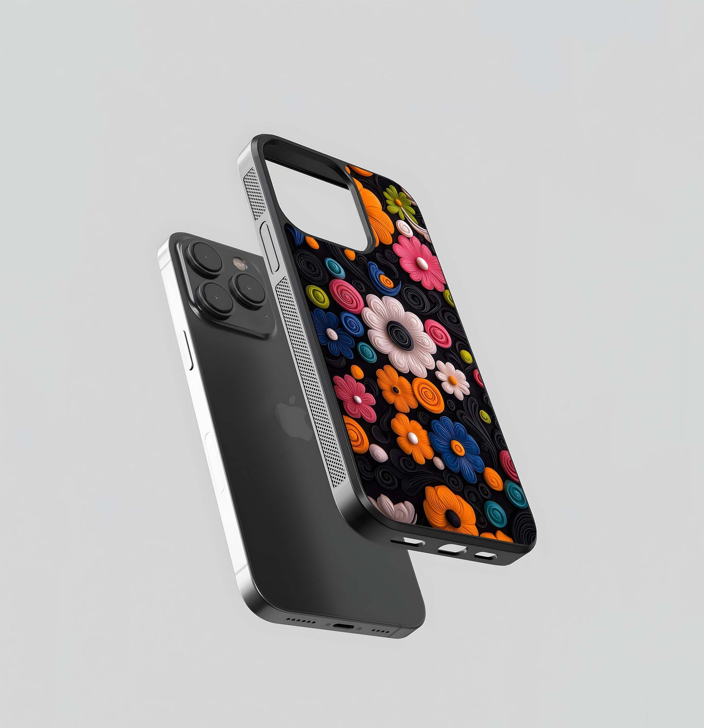 3D Clay Flowers on Black Swirls Glass Case