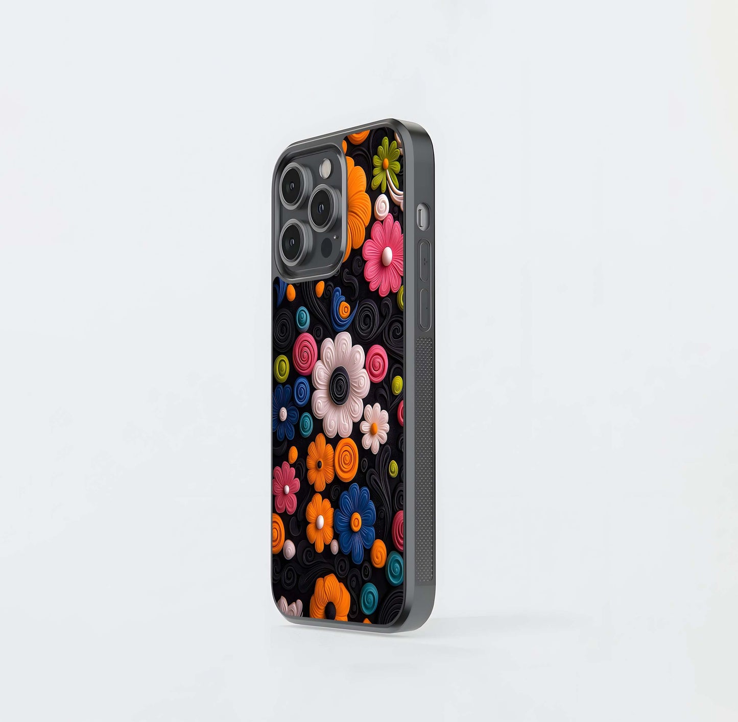 3D Clay Flowers on Black Swirls Glass Case