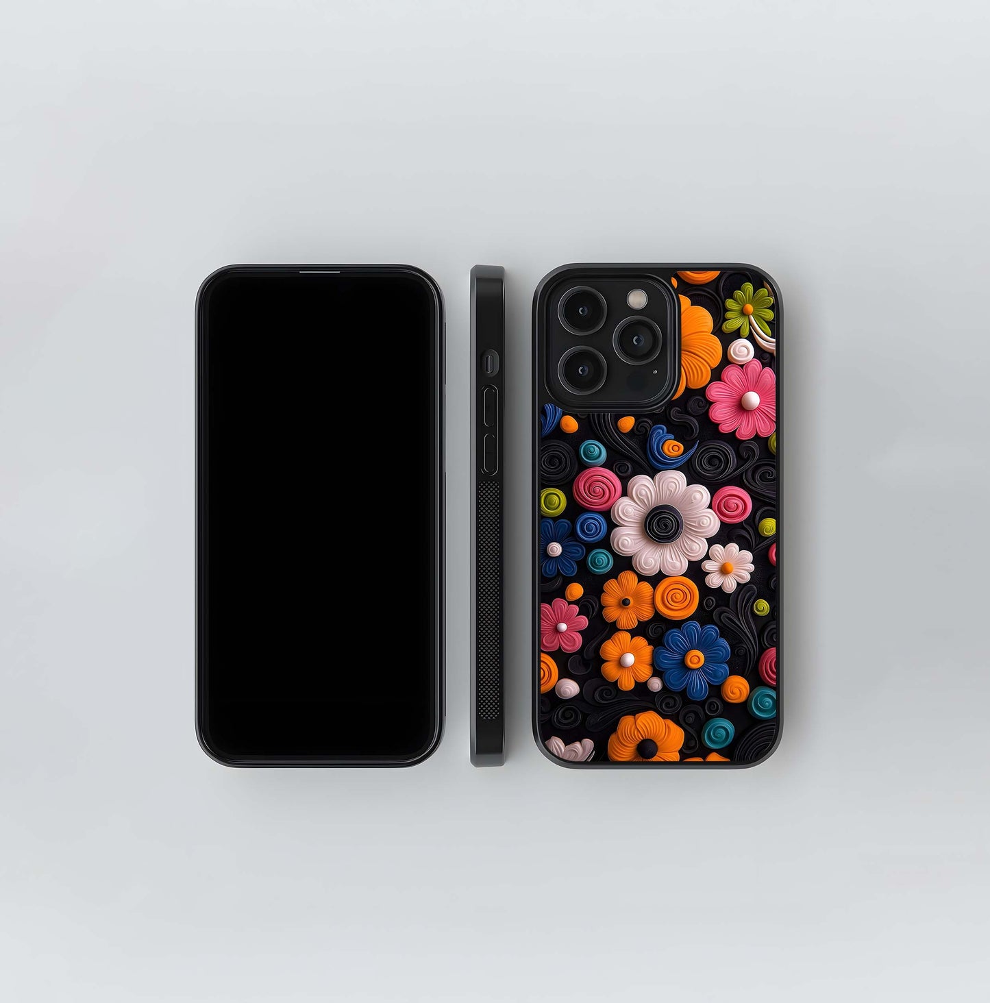 3D Clay Flowers on Black Swirls Glass Case