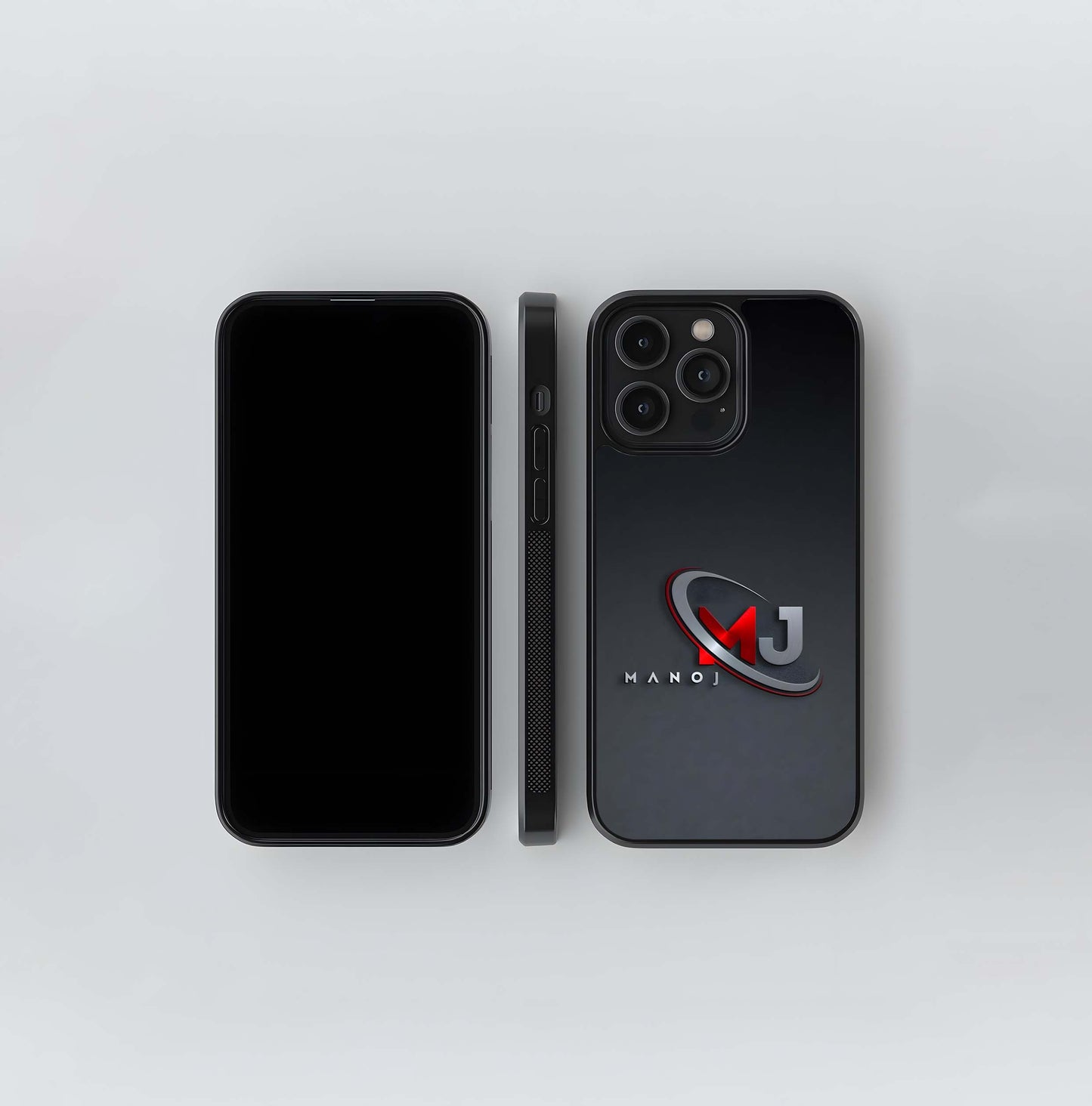 3D MJ Manoj Logo on Dark Gray Glass Case