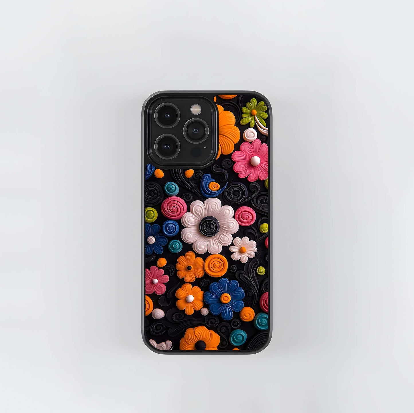 3D Clay Flowers on Black Swirls Glass Case