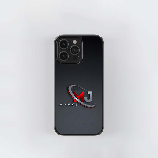 3D MJ Manoj Logo on Dark Gray Glass Case