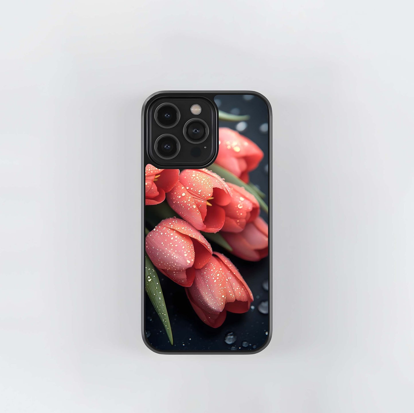 Pink Tulips with Dew Drops on Dark Background Glass Case
