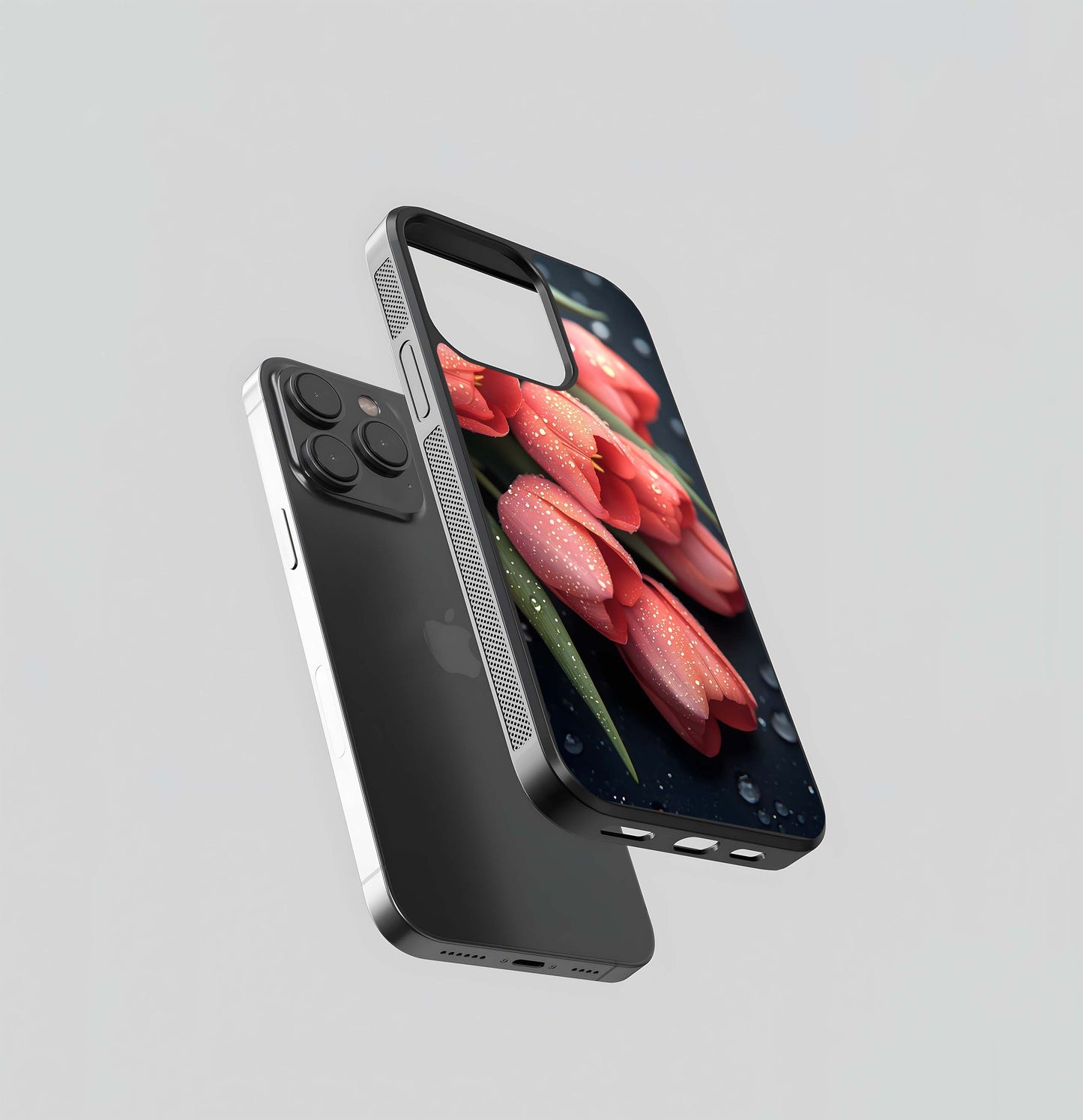 Pink Tulips with Dew Drops on Dark Background Glass Case