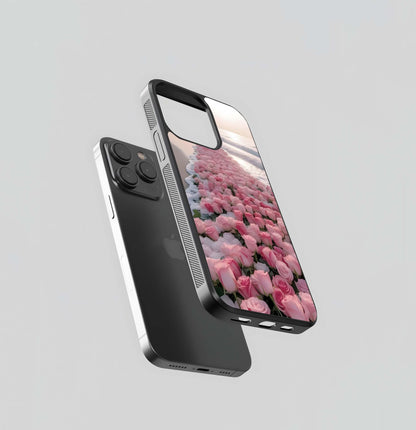 Pink Rose Path on Ocean Shore Glass Case