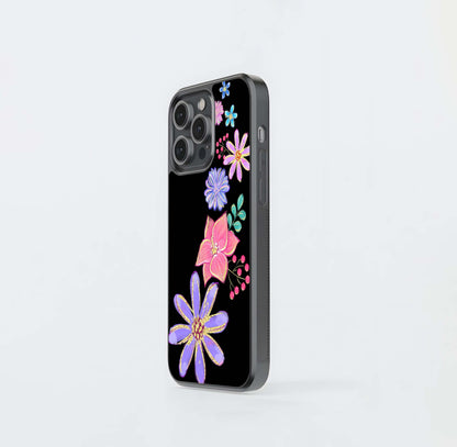 Colorful Glitter Flowers on Black Glass Case