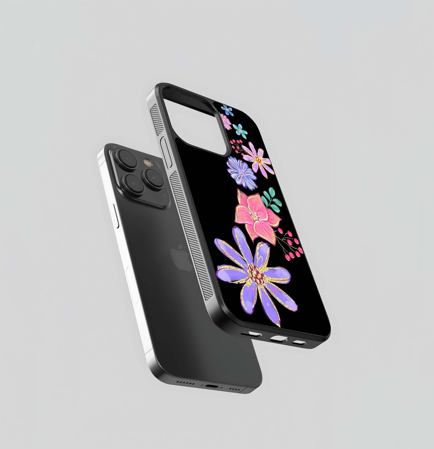 Colorful Glitter Flowers on Black Glass Case