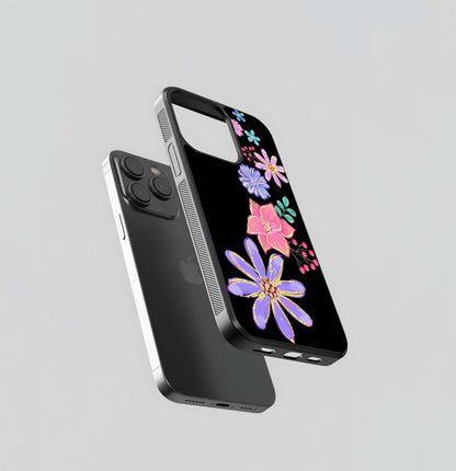 Colorful Glitter Flowers on Black Glass Case