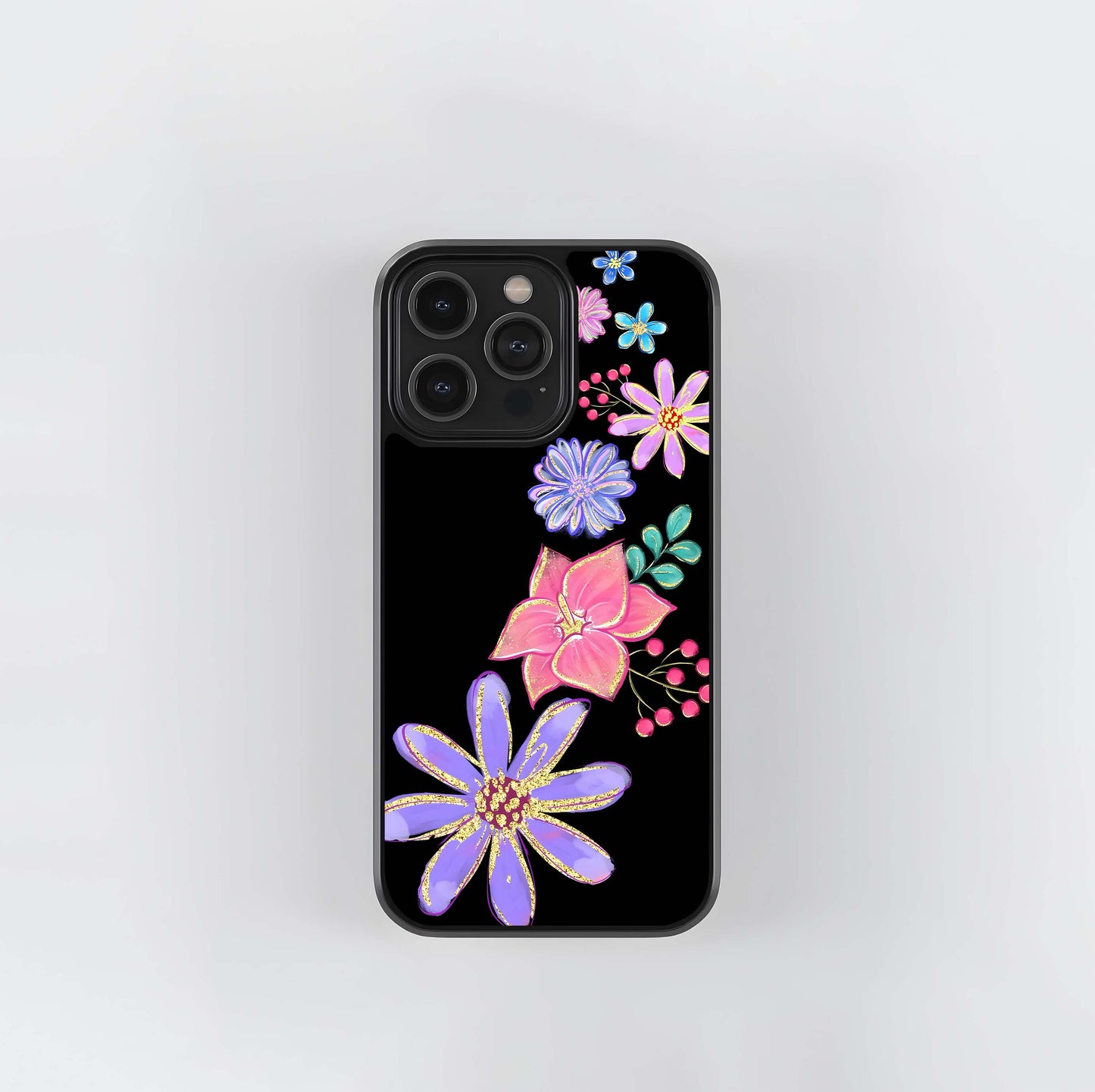 Colorful Glitter Flowers on Black Glass Case
