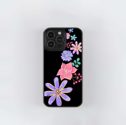 Colorful Glitter Flowers on Black Glass Case