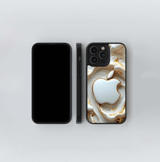 White and Gold Marbled Apple Logo Glass Case