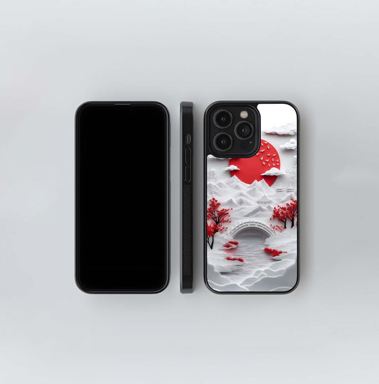 Red and White Paper-Cut Japanese Landscape with Bridge Glass Case