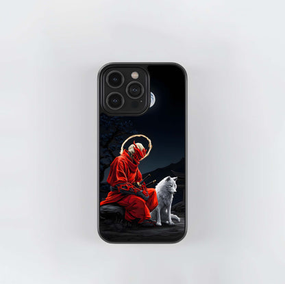 Red Demon Mask Samurai and White Wolf under Moonlight Glass Case