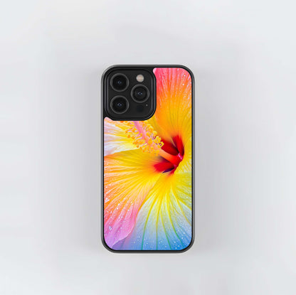 Macro Rainbow Hibiscus Flower Glass Case