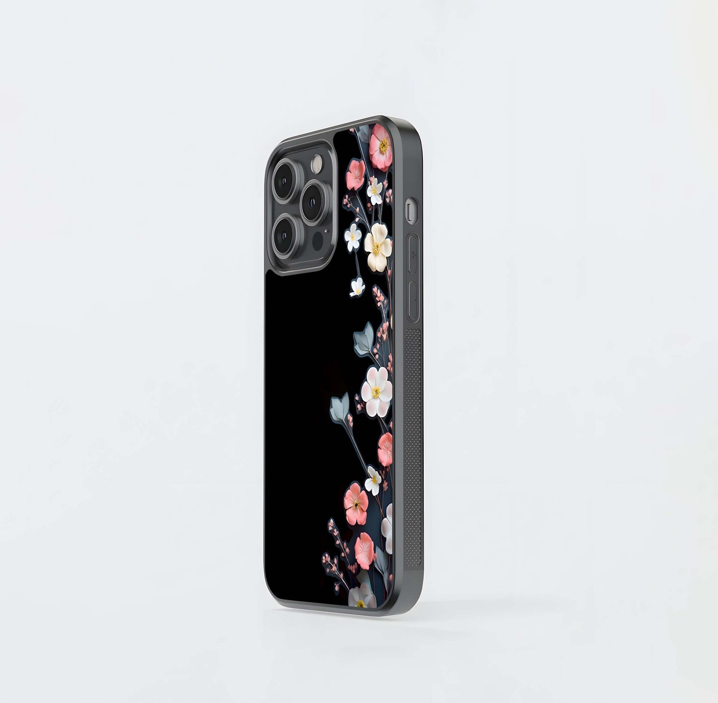 Black Elegance Floral Custom Name Glass Case