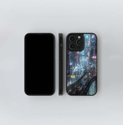 Cyberpunk Rain Cityscape Glass Case