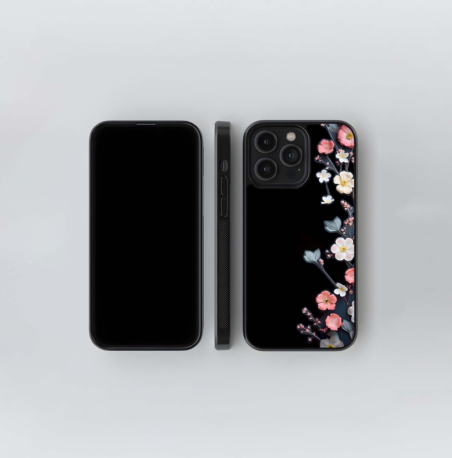 Black Elegance Floral Custom Name Glass Case